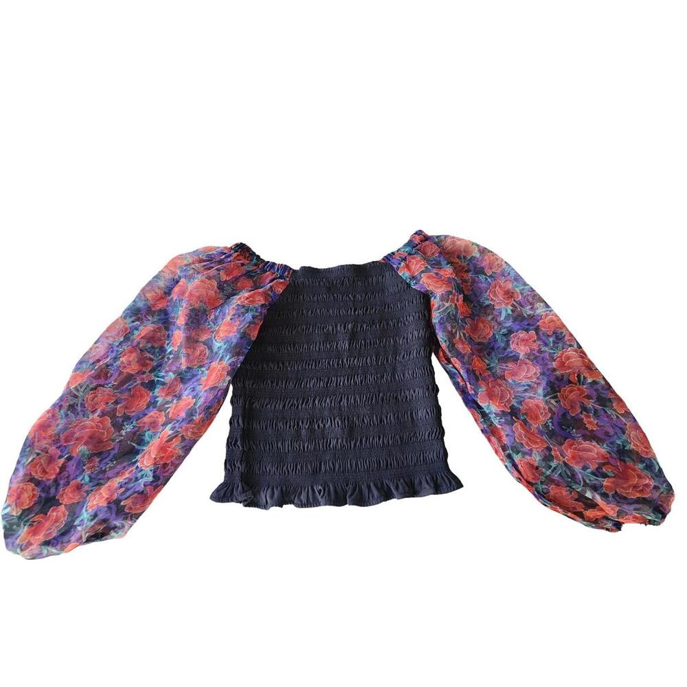Calligraphy Black Fairy Whimsy Sheer Floral Sleeves Women's Blouse Size L